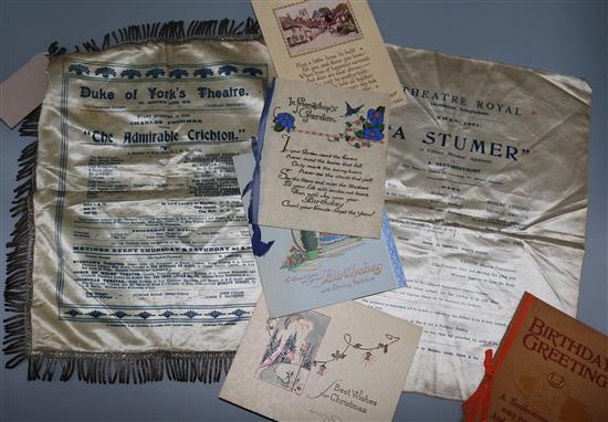Victorian and later ephemera including two silk theatre bills and various greetings cards